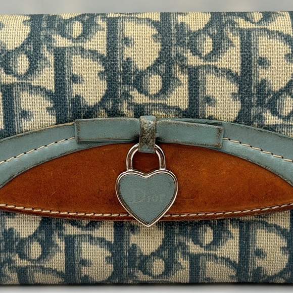 Dior Oblique Heart Lock Charm Wallet Blue Cream Authentic Bifold EUC - Picture 6 of 16